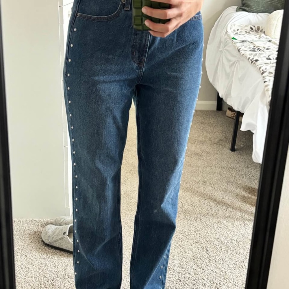 Old Navy Dark Wash Women's Straight Leg Jeans with Side Studs Size 6